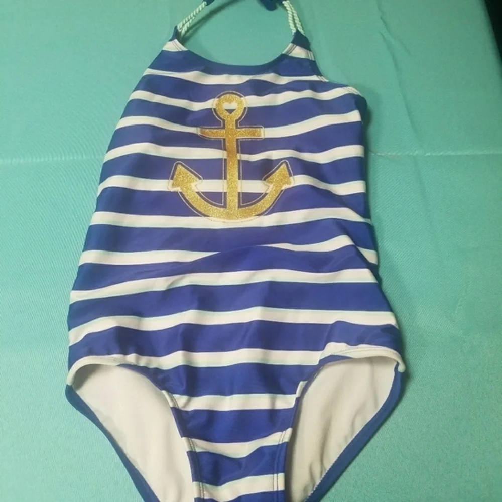 Blue White Stripe One Piece Medium Girls swimsuit‎ New